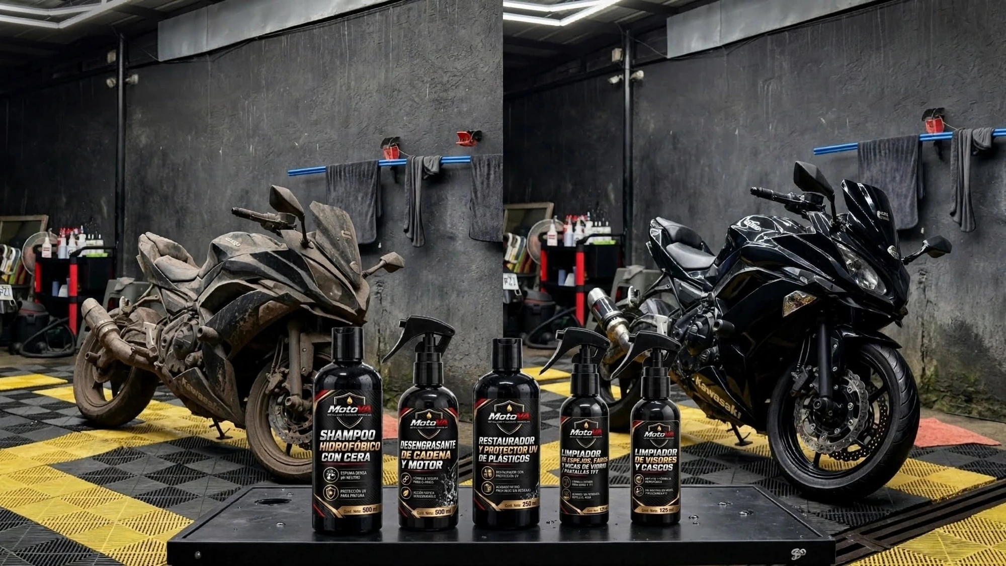 Antes y después de una moto detallada con productos MotoVA®